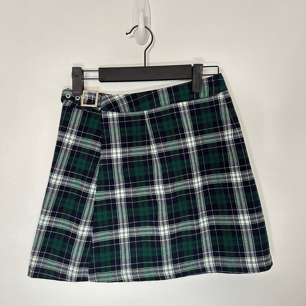 J. Galt Plaid Mini Skirt Green Navy Wrap Style Buckle XS Small